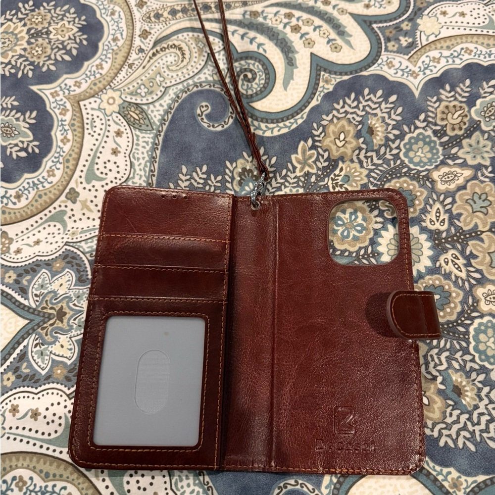 Brown Faux Leather Wristlet Wallet iPhone 14 Pro Case